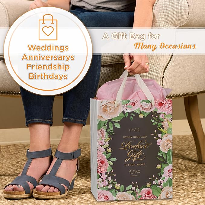 Christian Art Gifts Portrait Gift Bag with Card and Tissue Paper Set - Every Good Gift - James 1:17 Inspirational Bible Verse, Pink Rose Floral, Large