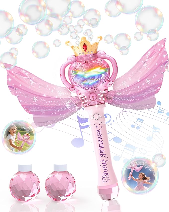 Princess Bubble Wand for Girls, Light Up Bubble Maker with Music & LED Lights, Automatic Bubble Blower Toy with Wings, Leak-Proof Bubble Machine for Kids Outdoor Birthday Party Gifts