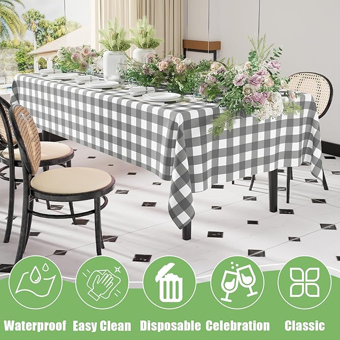 Smiry 6 Pack Grey Gingham Disposable Tablecloths - 54" x 108" Heavy Duty Plastic Table Cloth, Waterproof Buffalo Plaid Table Covers for Picnic, Banquets, Outdoor Parties