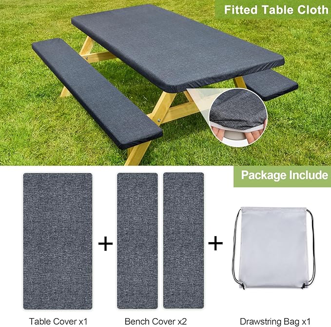 Picnic Table Cover with Bench Covers Camping Essentials Waterproof Windproof Camping Tablecloth with Drawstring Bag, Fitted Rectangle Tables and Seats, 72in, Heather Grey