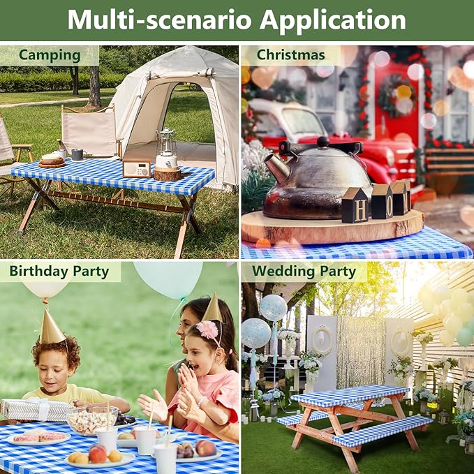 Picnic Table Cover with Bench Covers and Bag, Camping Table Camping Essentials Cover with Elastic Edges (Blue)