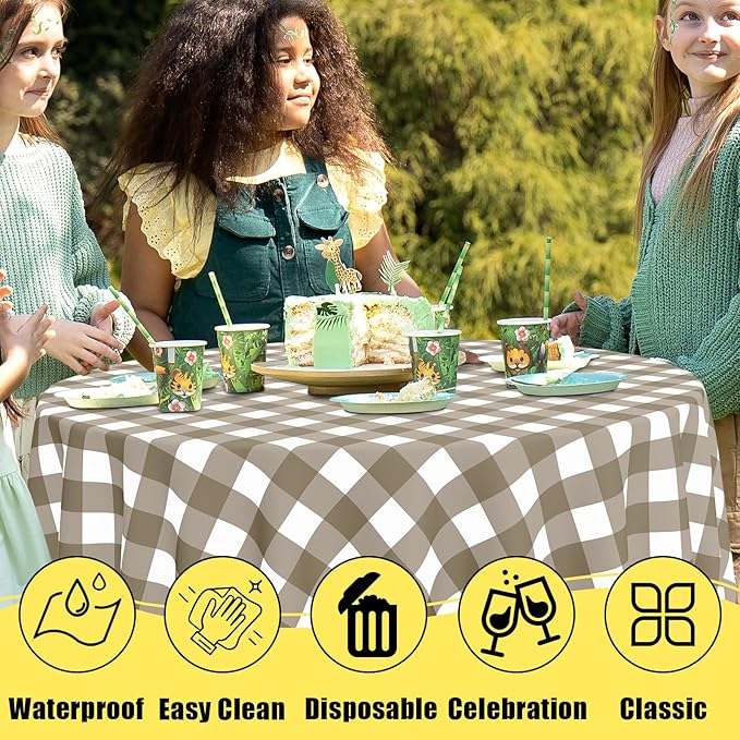 Smiry 3 Pack Khaki Gingham Disposable Tablecloths, 84 Inch Round Heavy Duty Plastic Table Cloth, Waterproof Buffalo Plaid Table Covers for Picnic, Banquets, Outdoor Parties