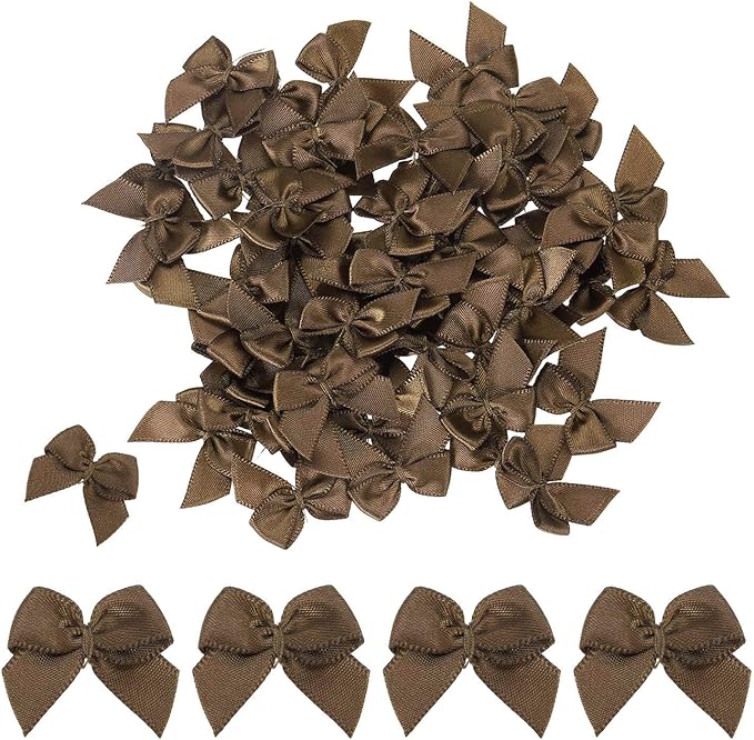 MECCANIXITY 50 Pcs Mini Ribbon Bow 1" Mini Fabric Satin Ribbon Flower Bows for Craft DIY Sewing Wedding Birthday Party Gift Wrap Bows Brown