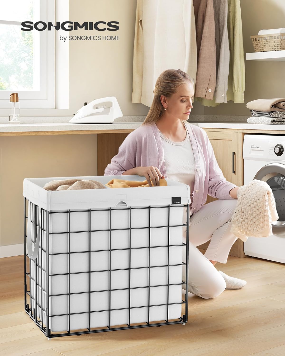 SONGMICS Laundry Hamper, 34.3 Gal. (130L) Laundry Basket, Collapsible Clothes Hamper, Removable and Washable Liner, Metal Wire Frame, for Bedroom Bathroom, Cream White ULCB113W01