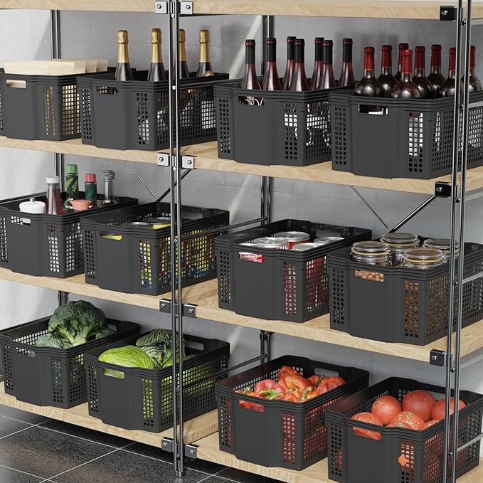 6-Pack Large Plastic Deep Stacking Baskets, Black Storage Baskets, Multi-Purpose, Ideal for Closets, Cabinets, Shelves, Countertops