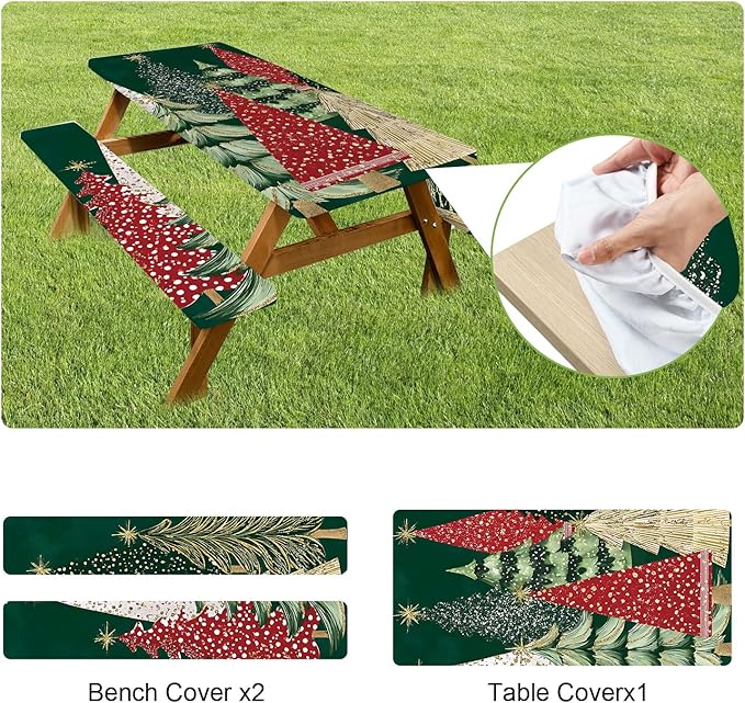 ANNA QUEEN 6FT Green Christmas Tree Picnic Table Cover Set 3PCS 72"x30", Waterproof Outdoor Bench and Tablecloth Furniture Protection for Camping Beach BBQ Patio Backyard