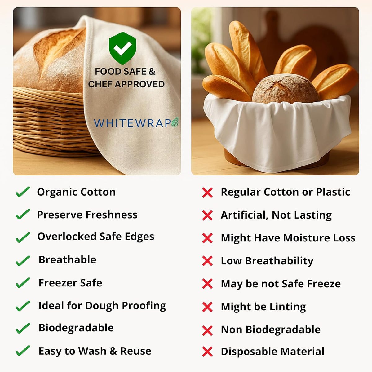 WHITEWRAP Flour Sack Towels for Bread Dough Proofing – 100% Unbleached Cotton, Thick Reusable Baking Cloth – 28"x28" Large Tea Towels for Baguettes, Ciabatta, Pastries – 3 Pack