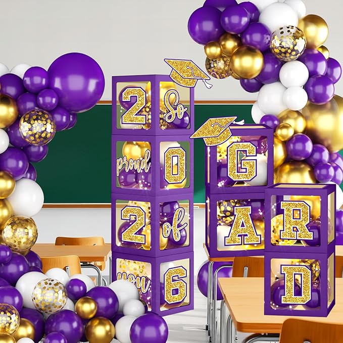 Graduation Decorations Class of 2026, Purple and Gold Graduation Decorations 2026, Purple Boxes Balloon Arch with Letters So Proud of You Grad 2026 for Memorable College Graduation Party Supplies