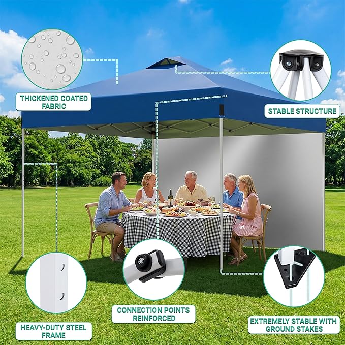 10X10FT Blue Pop Up Canopy Tent with 1 Sidewalls & Roller Carrybag for Sun Shade and Waterproof, Outdoor Adjustable Height Instant Shelter Gazebo with Sandbags for Camping, Patio, Backyard, Events
