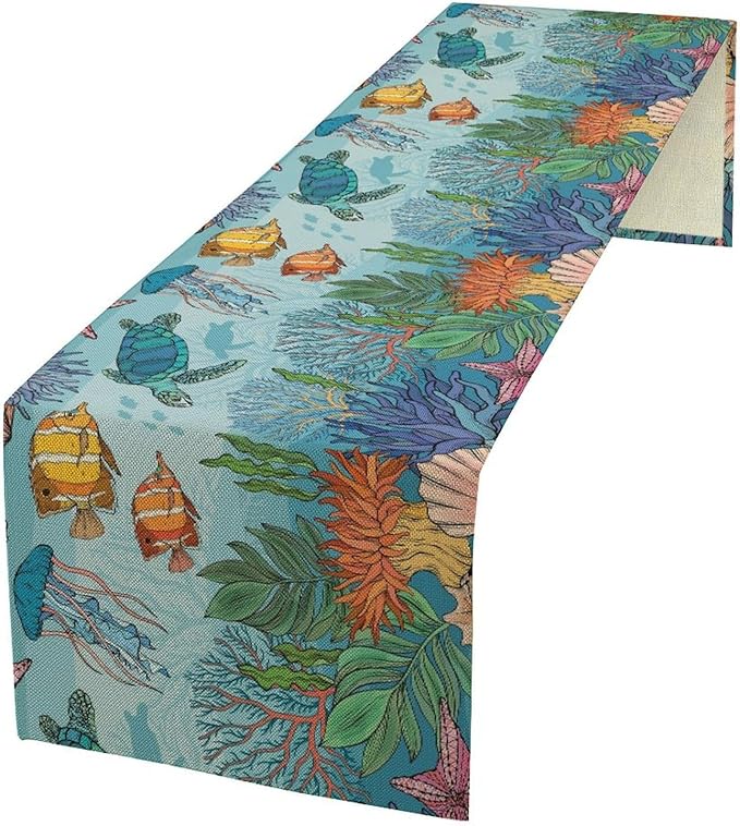 Coastal Table Runner, Ocean Nautical Coral Starfish Seashell Sea Turtle Table Runner for Dining Table Kitchen Party Picnic Home 13x36in