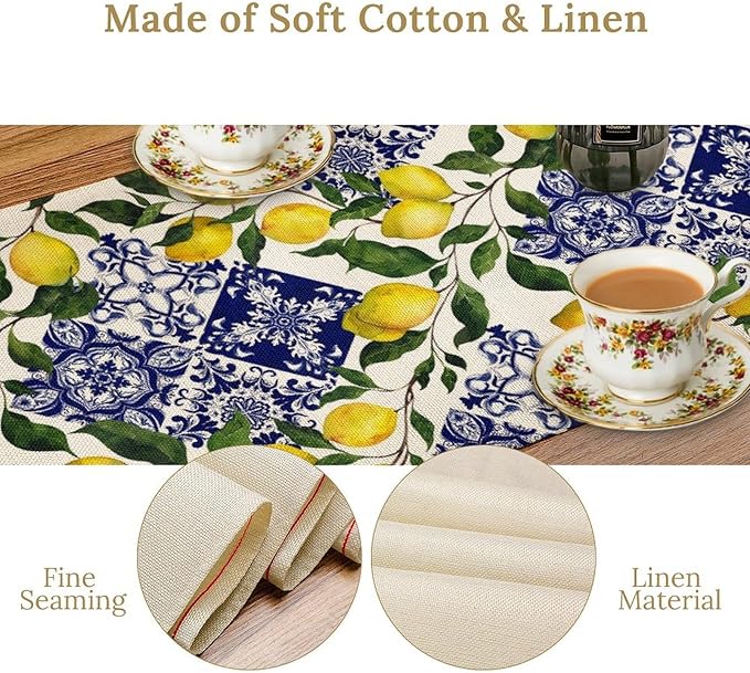 Lemon Fruit Nature Table Runner Farmhouse Talavera Ethnic Folk Rustic Watercolor Blue Dining Table Decoration for Home Holiday Party Dresser Kitchen Cabin Restaurant Wedding Decor 13×120in