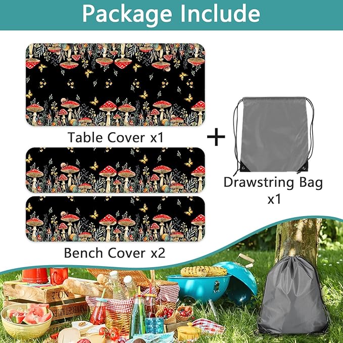 Mushroom Picnic Table Cover with Bench Covers, Camping Essentials, Waterproof Windproof Camping Tablecloth, Fitted Tablecloth Cover with Elastic Edge, for Indoor & Outdoor, Garden, 3 PCS, 30x60 Inch