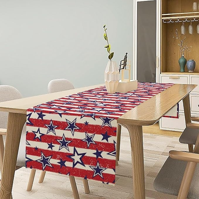 4th of July Table Runner, Vintage American Independence Day Stripes and Stars Patriotic Table Center Decor for Home Kitchen Dining Party Outdoor Holiday 13x60in