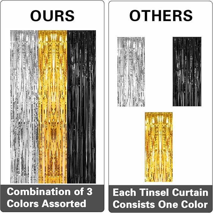PIGETALE, 2 Pack 3.2x8.2 Feet Silver Black and Gold Tinsel Foil Fringe Curtains Streamers Backdrop for Bridal Baby Shower Wedding Engagement Birthday Graduation Bachelorette Holiday Party Decorations
