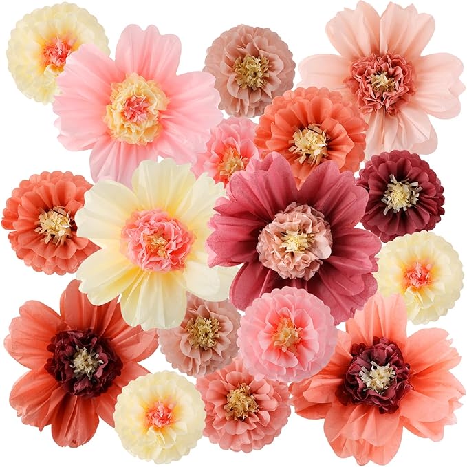 Crowye 36 Pcs Large Colorful Tissue Paper Flowers Decorations Giant Fiesta Craft Crepe Paper Flowers for Wall Decor Backdrop Mexican Wedding Birthday Carnival Party (10'' 20'',Vintage Color)