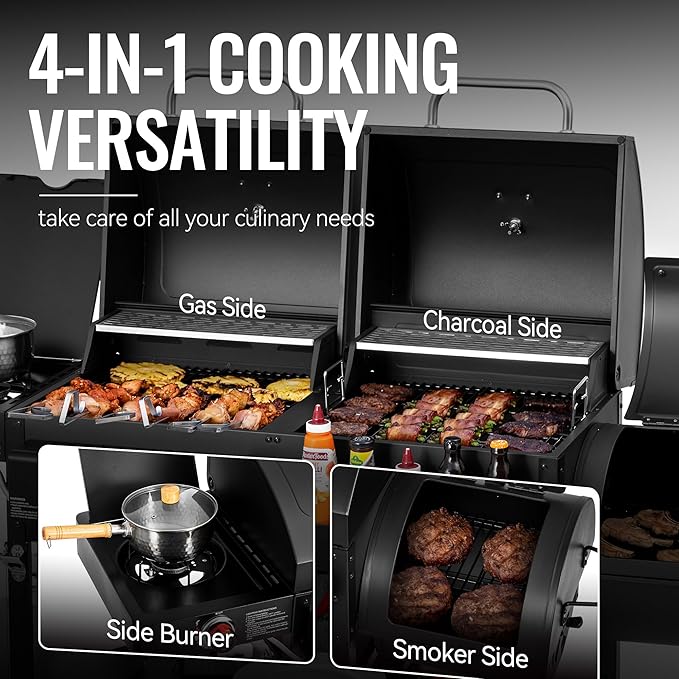 2-Burner Gas and Charcoal Combo Grill with Offset Smoker & Side Burner, 34,000 BTU Dual Fuel Grill, 1020 Sq. In. Cooking Area, Ideal for Outdoor Cooking, Black, ZH3005Y-SC