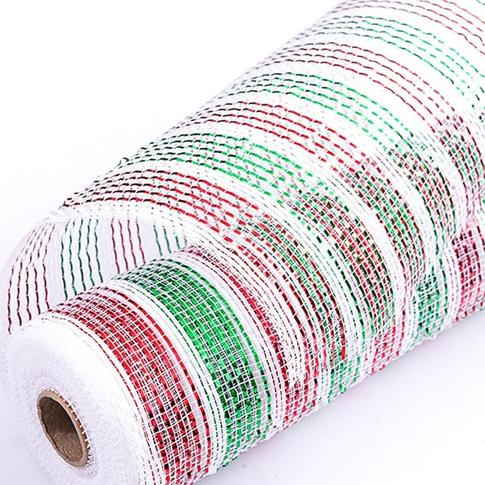 5 Rolls Christmas Mesh Ribbon for Wreath, 10 Inch x 30FT Per Roll Metallic Foil Deco Mesh Rolls Red White Green Stripe Decorative Mesh for Christmas Tree Winter Holiday Wreath Party Decor