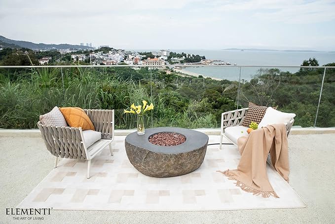 Elementi | Boulder Gas Fire Pit Cast Concrete Semi-Round Fire Table, Outdoor Fire Pit Electronic Ignition | Canvas Cover, Lava Rock Included | Propane Gas