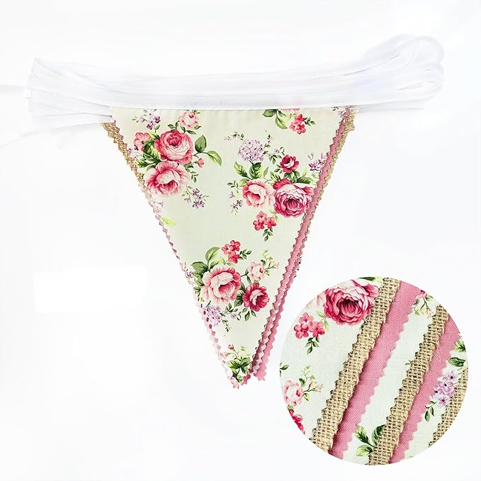 32Ft Flora Party Decorations Blush Rose Pink Burlap Flora Triangle Flag Fabric Banner Pennant Garland Streamer for Chic Tea Party Vintage Birthday Wedding Baby Shower Engagement Rustic Garden Decor