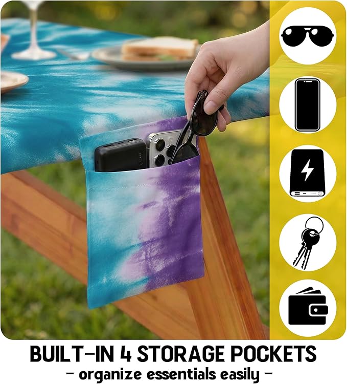 Picnic Table Cover with Bench Covers Waterproof Elastic Rectangle Tablecloth Camping Essentials Supplies Rv Car Travel Must Haves Gear Accessories Fitted Table Cloth Outdoor Road Trip Camper Gifts 8ft