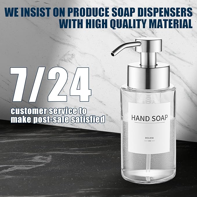 Glass Foaming Hand Soap Dispenser, 10 oz Easy Refill Glass Soap Dispenser, Foam Dispenser with Stainless Steel Pump & Waterproof Labels, Clear Foam Soap Bottle for Bathroom Countertop
