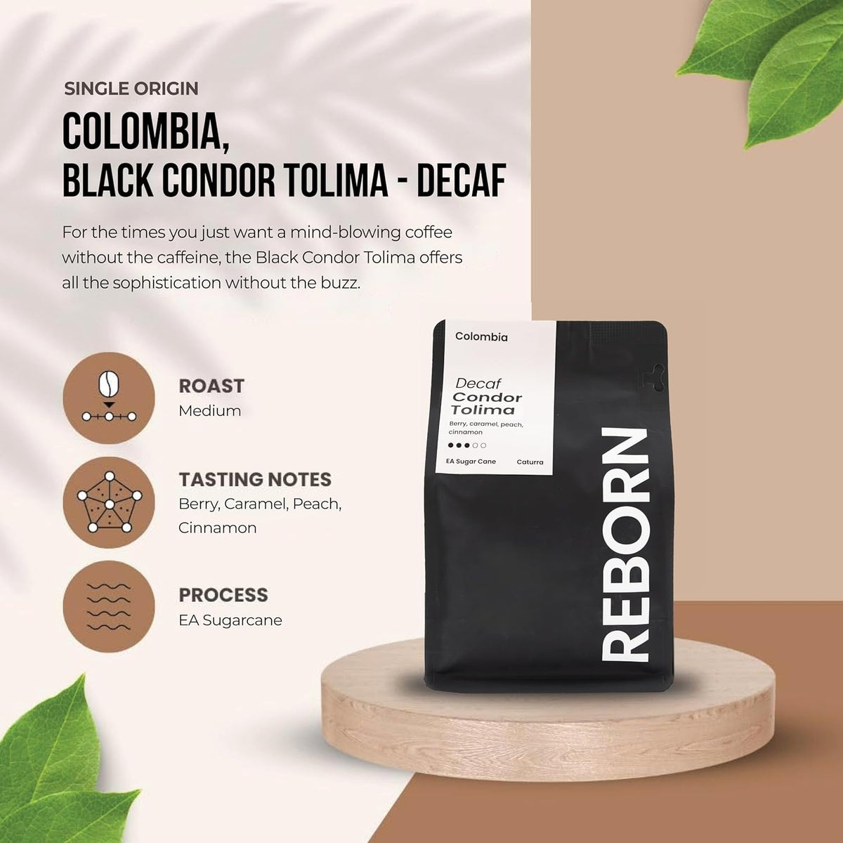 Reborn Coffee Specialty Whole Bean Decaf Coffee, Medium Roast, 12 Ounce, Colombia Condor Tolima, Flavor Notes of Berry, Caramel, Peach, and Cinnamon