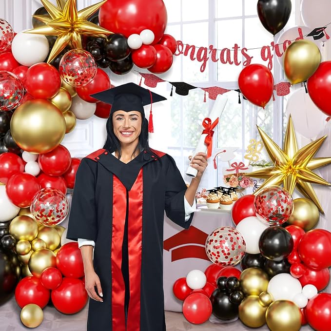 Black Red Gold Balloon Arch Kit Graduation Decorations 2026, 130Pcs Red Gold White Balloons and Foil Star Balloon with Confetti Ribbons Grad Party Decorations for College High School Class of 2026