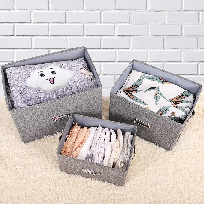 Large Linen Fabric Foldable Storage Bins with Removable Lid and Handles, Washable Storage Box Organizer Containers Baskets Cube with Cover for Bedroom,Office(Cream, Small(2-Pack))