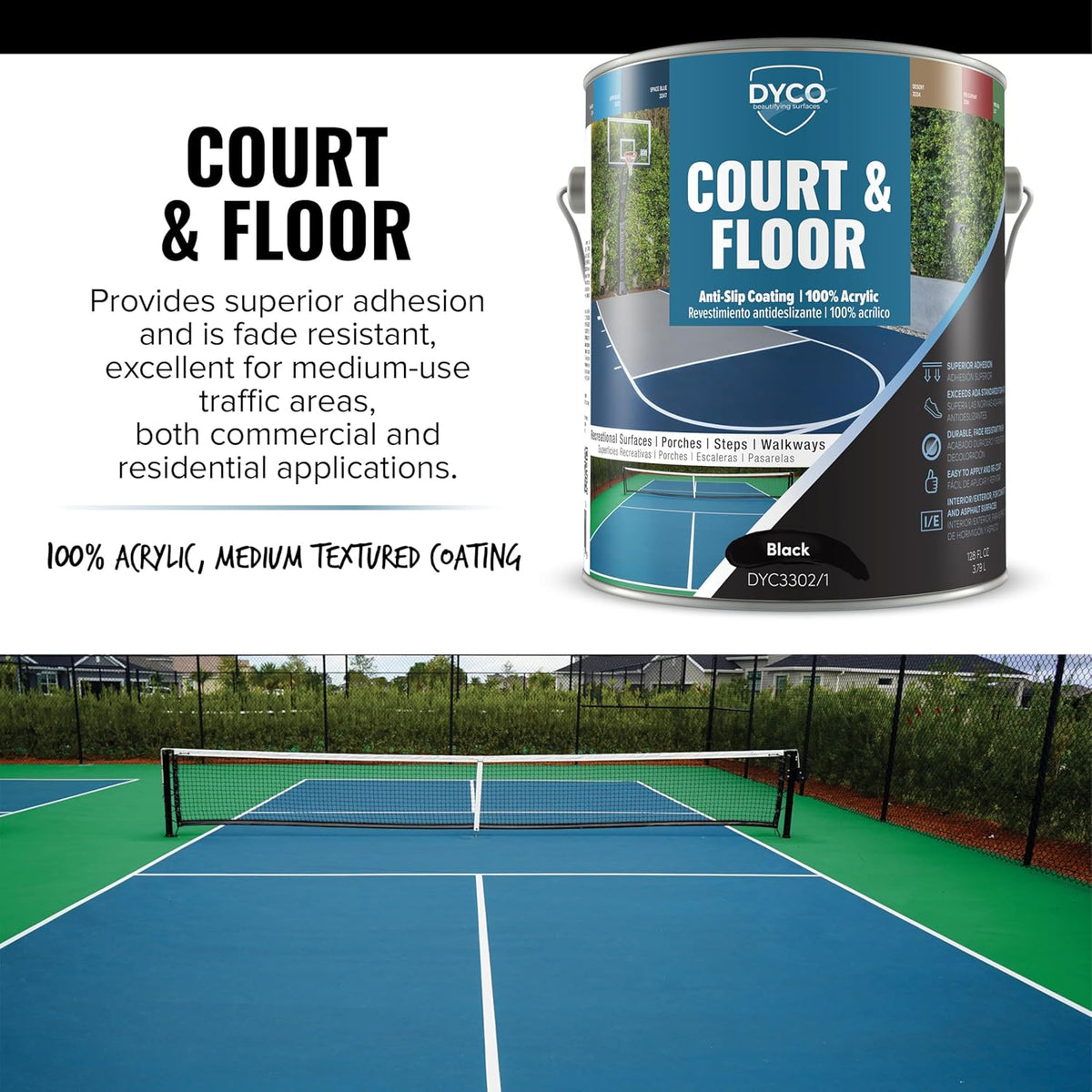 DYCO Court & Floor Anti-Slip Coating - Slip-Resistant Pavement, Cement & Concrete Paint for Pickleball, Tennis & Basketball Courts, Exceeds ADA Standards for Safety Areas (Black, 1 Gallon)