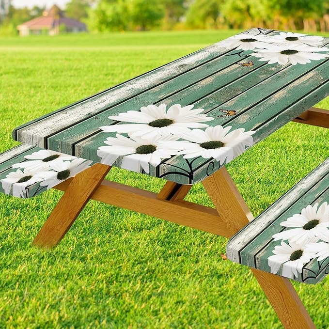 Picnic Table Cover with Bench Covers Daisy Flowers Wooden Floral Waterproof Windproof Fitted Outdoor Tablecloth with Elastic Rectangle Table Cloth Camping Accessories,60x30 Inch