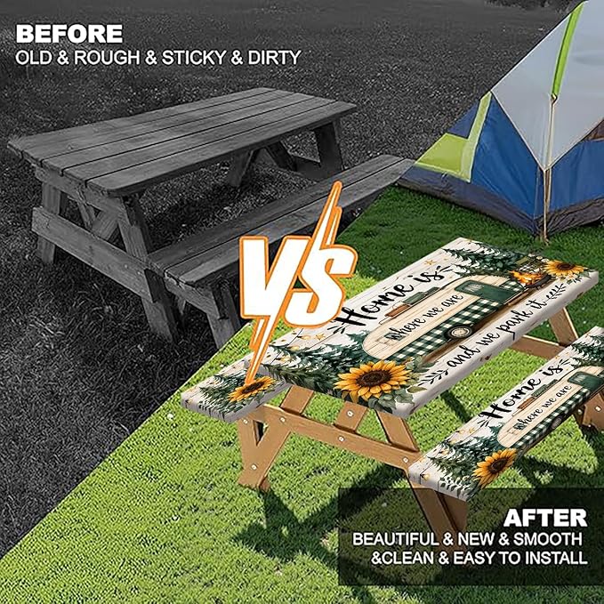 Picnic Table Cover with Bench Covers Camping Essentials Green Checkered RV Forest Sunflower Wooden Outdoor Table Covers with Elastic Waterproof Camping Tablecloth for Indoor & Outdoor 3 PCS 30x72 Inch
