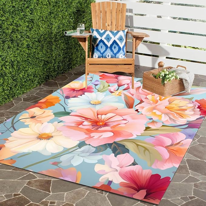 Outdoor Flower Rug with Anti Slip Backing Vibrant Waterproof 2x3 Area Rugs for Patio Deck Balcony Camping Garden Porch Large Floral Outside Carpet Peach Pink Blue Aesthetic Thick Mat
