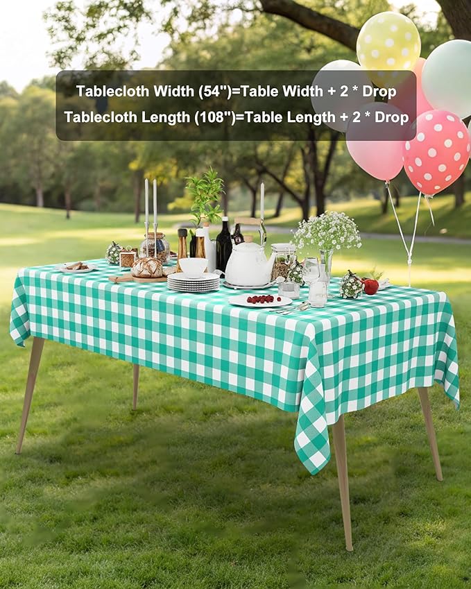 Smiry 12 Packs Gingham Disposable Table Cloth, 54 x 108 Inch Waterproof Plastic Tablecloth, Rectangle Teal and White Checkered Table Covers for Picnic, Birthday, Party