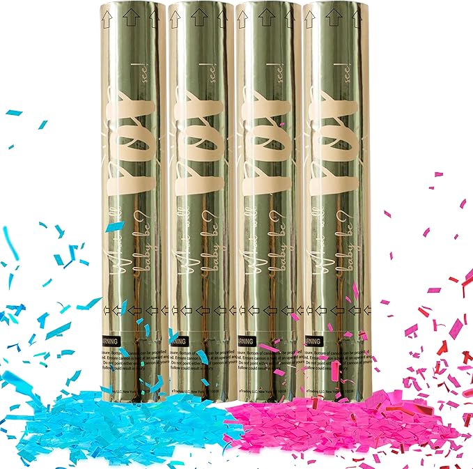 Revealations Gender Reveal Confetti Cannon - Set of 4 (2 Pink, 2 Blue) Gender Reveal Party Supplies Air Compressed Confetti Poppers - Biodegradable Tissue for Party Celebrations