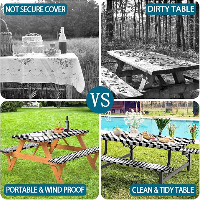 Picnic Table Cover with Bench Covers and Bag, Black and White Checkered Buffalo Plaid Camping Tablecloth Waterproof Windproof Elastic Edges Fitted Gingham Tablecloth for Outdoor Garden 3PCS 30x72 Inch