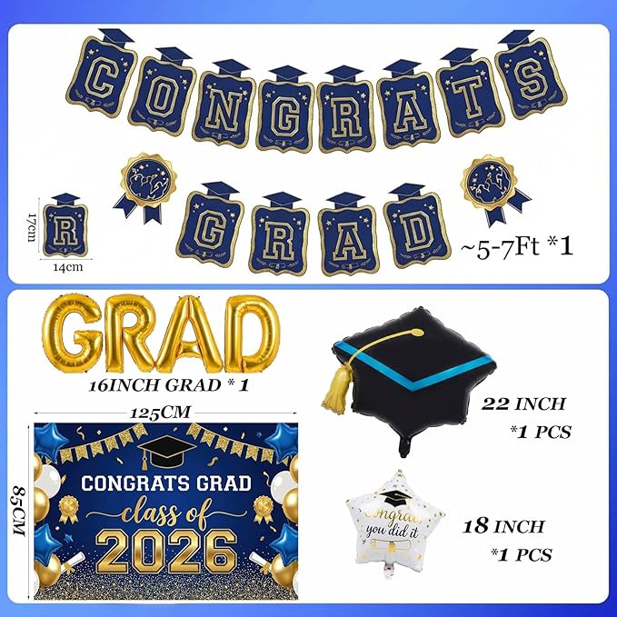 Class of 2026 Graduation Party Decorations - Navy Blue & Gold Set: GRAD Foil Balloon , Backdrop Banner, Honeycomb Centerpieces, Hanging Swirls & Mylar Letters - Complete 2026 Grad Prom Supplies