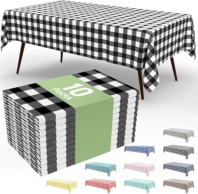 Smiry 10 Pack Black Gingham Disposable Tablecloths - 54" x 108" Heavy Duty Plastic Table Cloth, Waterproof Buffalo Plaid Table Covers for Picnic, Banquets, Outdoor Parties