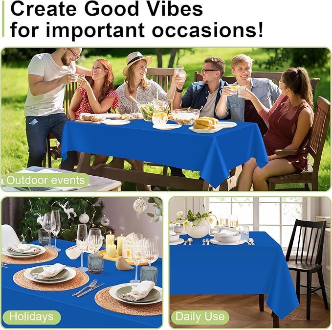 QIKSION Blue Plastic Table Cloth Disposable 2 Pack, 54 x 108 Inch Tablecloths for Patriotic Decorations, Birthday Party, Rectangle Table Cover