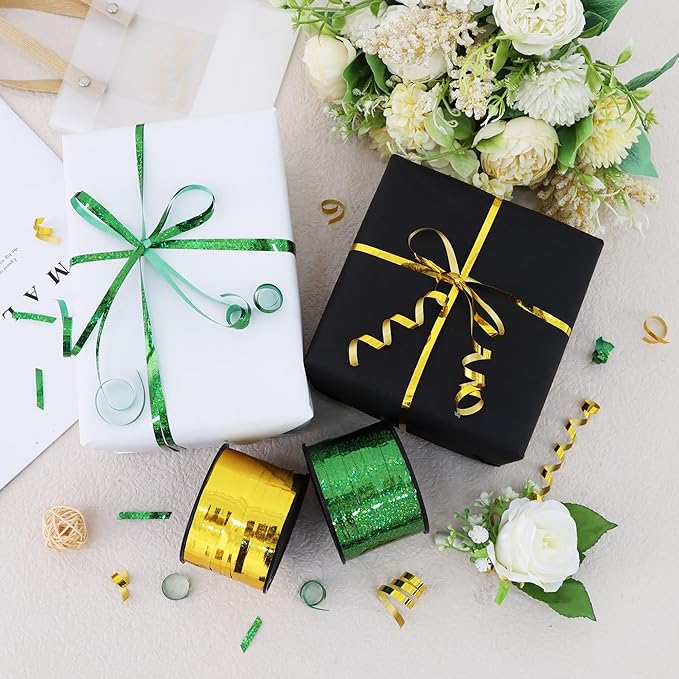 BEISHIDA 2 Pack 100 Yards Green Gold Curling Crimped Glitter Ribbon Balloon String Shiny Metallic for Gift Wrapping Ribbon 2026 Graduation Wedding Baby Shower Birthday Party Decoration