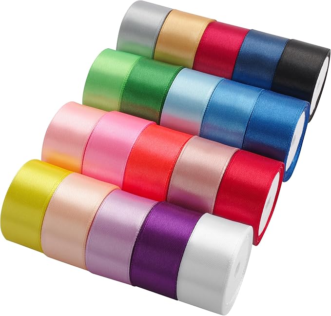 LIUYAXI 1 Inch Satin Ribbon Set – 20 Rolls Rainbow Ribbon, 5 Yards Each (Total 100 Yards), Decorative Ribbon for Gift Wrapping, Crafts Hair Bows, Flower Bouquet, Wedding Party Decorat