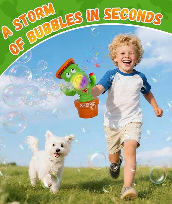 Bubble Machine for Kids, Rechargeable Cactus Bubble Maker with Lights & Music, Dancing Bubble Machine Toy with Bubble Solution Included, Outdoor Summer Toys for Kids, Birthday Party & Gift