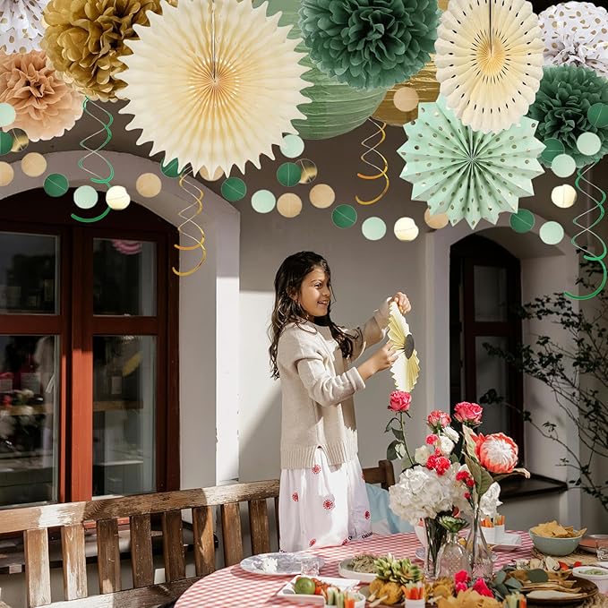 20PCS Sage Green Party Decoration,Green Paper Lanterns Fans,Pom Poms Flowers,Hanging Party Garland for Women Girls Boys Adults Birthday Party,Wedding,Baby Shower,Bridal Shower Party Decor