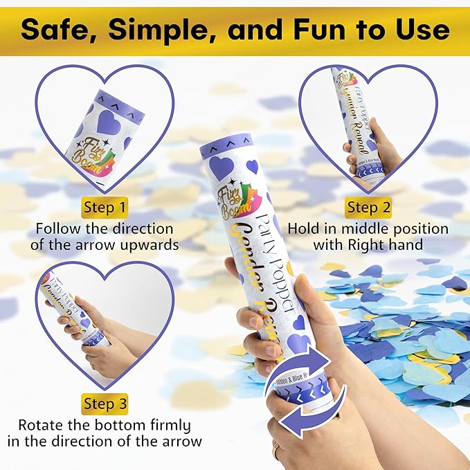 2 Pack Blue Heart-Shaped Confetti Poppers for Baby Gender Reveal | Blue Paper and gold mylar Baby Boy Party Supplies