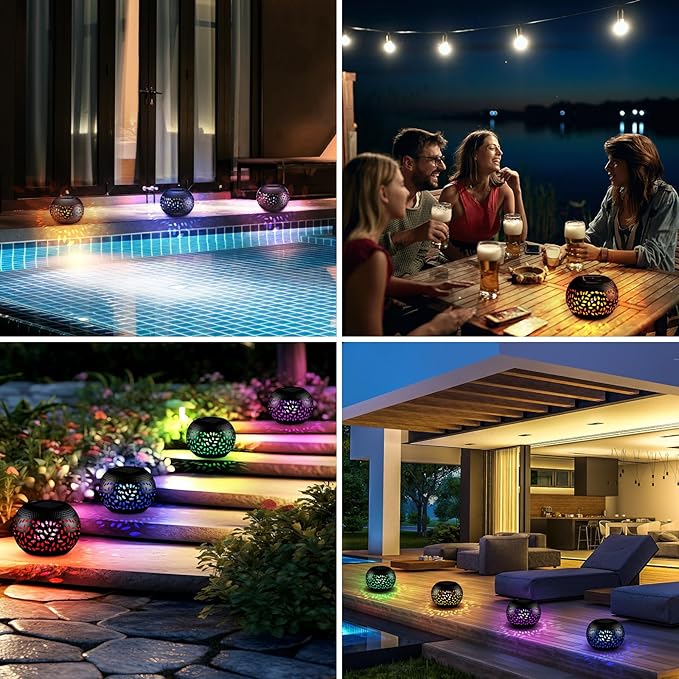 Reginary 1 Pcs Solar Lanterns Waterproof Outdoor Decor, Hollow Out Retro Metal Solar Lights 7 Color 2 Modes Decorative Atmosphere Table Lantern for Women Mom Gifts Patio Garden Pathway Yard (Black)