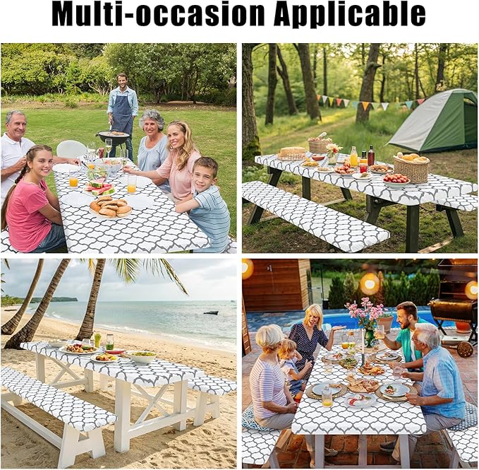 Smiry Picnic Table Cover with Bench Covers, Waterproof Elastic Fitted Tablecloth for 5 Foot Tables, Washable Polyester Tablecloths for Camping, Indoor & Outdoor (White, 30x60 Inch 3-pc Set)