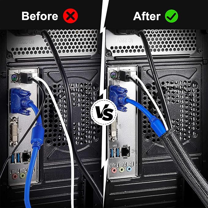 8ft - 1/8 inch Cable Management Sleeve Cord Protector, Split Wire Loom for USB TV Computer, Braided Wire Cover Hider Organizer Tubing Protect Cat Dog from Chewing, Black