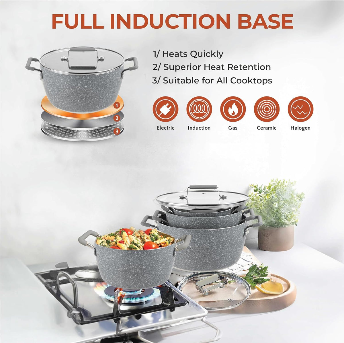 Granitestone Gray Pots and Pans Set Nonstick, 6 Stackable Piece Cooking Pots Set, Kitchen Pots, Non Stick Coating, 5qt 3