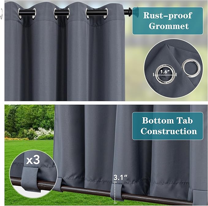 HolidayIdeas Outdoor Curtains for Patio Waterproof-4 Panels Windproof Weatherproof Privacy Curtains-Grommet Top and Tab Bottom Drape for Gazebo, Porch, Pergola, Cabana, Backyard 54x108 Inch Grey