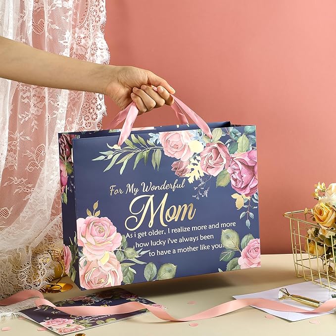 WRAPAHOLIC 13" Large Mom Birthday Gift Bag with Card and Tissue Paper - Elegant Floral and Gold Foil For My Wonderful Mom Lettering Design
