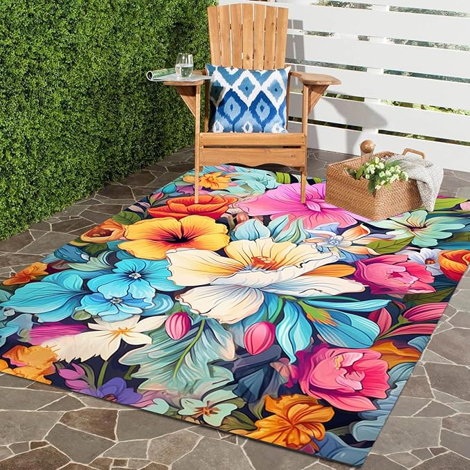 Large Floral Outdoor Rug for Patio Balcony Deck Camping Poolside Garden Machine Washable Waterproof Porch Backyard Outside Carpet 8x10 Orange Blue Pink Flower Mat Easy Clean